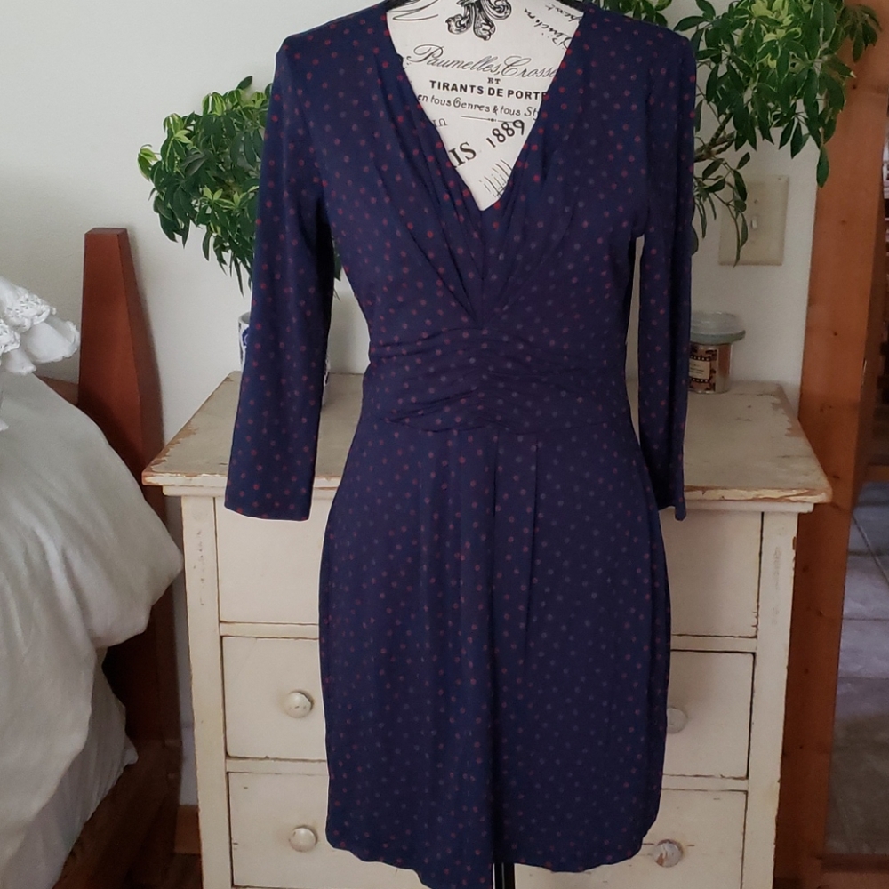 Boden Navy Blue Dress with Pink Dot Print